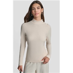 JEWEL BUTTON SHOULDER MOCK NECK LONG SLEEVE TEE