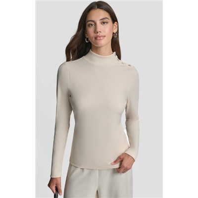 JEWEL BUTTON SHOULDER MOCK NECK LONG SLEEVE TEE