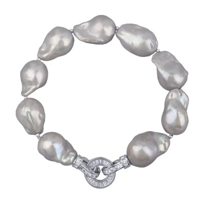 Браслет Барокко (жемчуг 15-25мм серо-голубой, фианит; родий) 21см, Есть комплект