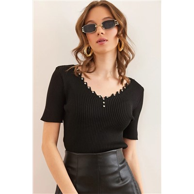 Olalook, Kadın Siyah V Yaka Taş Detaylı Crop Triko Bluz BLZ-19002865