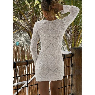 Women's Casual New Solid Color Fitted Waist Sexy Crochet Knit Sweater Top, Suitable For Resort, Beach Wear, And Sexy Date Style Vacation White