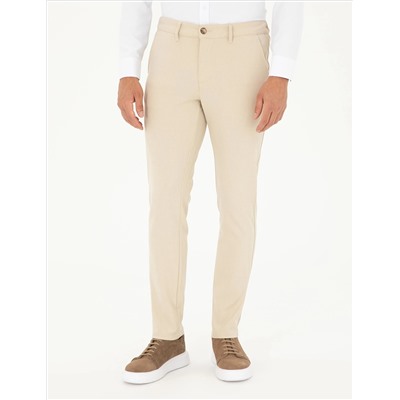 Bej Slim Fit Kanvas Çizgili Pantolon