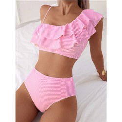 Swim Basics Women's Stripe Ruffled Trim Bikini Set For Summer Beach Vacation Holiday