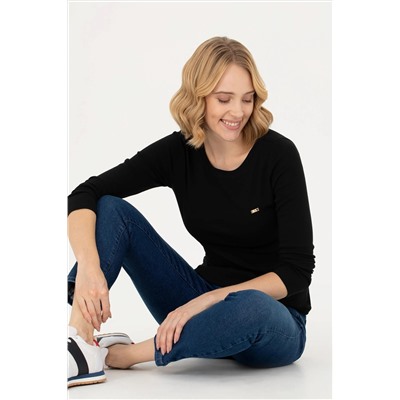 Kadın Siyah Kayık Yaka Sweatshirt