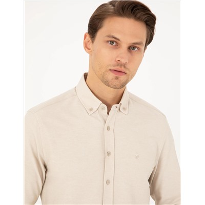 Bej Slim Fit Uzun Kollu Gömlek