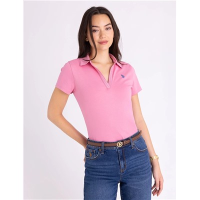 SPLIT NECK LACE TRIM POLO SHIRT