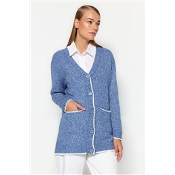 TRENDYOL MODEST Mavi Melanj Cep Detaylı Ekru Biyeli Yumuşak Triko Hırka TCTAW24TH00037