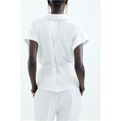 LINEN BLEND BELTED BLOUSE