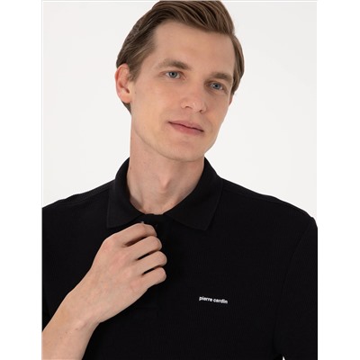 Siyah Slim Fit Örme Dokulu Polo Yaka Tişört