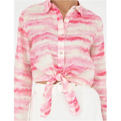 Pembe Crop Top Uzun Kollu Keten Gömlek