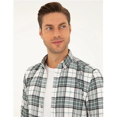Su Yeşili Ekose Slim Fit Uzun Kollu Gömlek