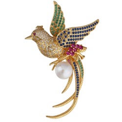 Брошь-кулон Лира (жемчуг белый, фианиты микс; покрытие золото), Есть комплект