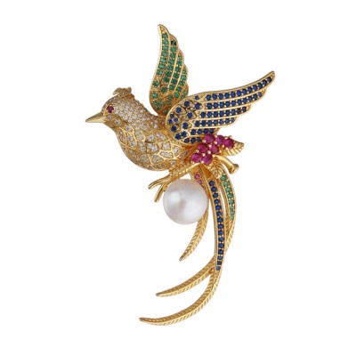 Брошь-кулон Лира (жемчуг белый, фианиты микс; покрытие золото), Есть комплект