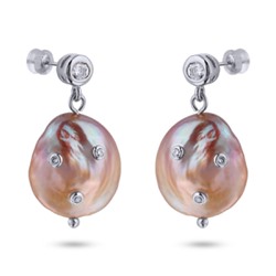 Серьги (жемчуг розовый 20мм, белый фианит; покрытие родий), Есть комплект