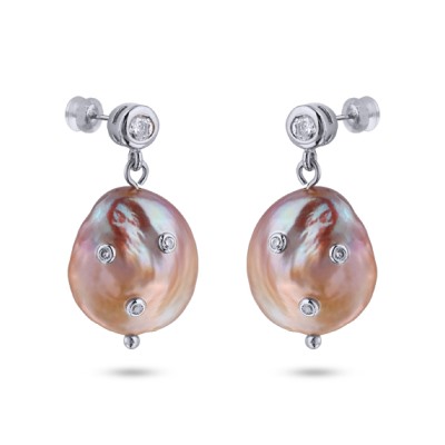 Серьги (жемчуг розовый 20мм, белый фианит; покрытие родий), Есть комплект