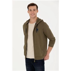 Erkek Haki Kapüşonlu Örme Hırka