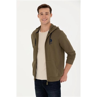 Erkek Haki Kapüşonlu Örme Hırka