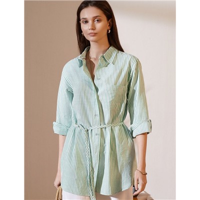 Удлиненная блузка с поясом в тонкую полоску из хлопка