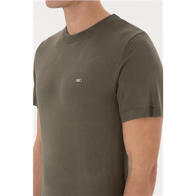 Erkek Slim Fit Bisiklet Yaka Koyu Haki Tişört