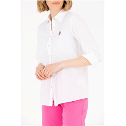 Kadın Beyaz Keten Görünümlü Basic Uzun Kollu Gömlek