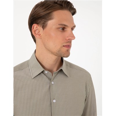 Haki Slim Fit Çizgili Uzun Kollu Gömlek