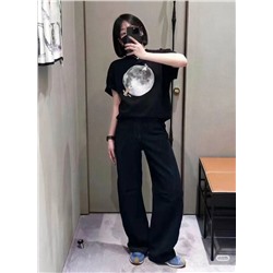 Футболка с короткими рукавами и вышитым лунным принтом Loew* new, черная, SML, [размер M; ширина плеч 43, обхват груди 98, длина рукава 21, длина одежды 65]