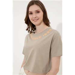 Kadın Haki Bisiklet Yaka Crop Tişört