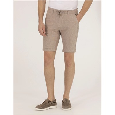 Açık Kahverengi Slim Fit Keten Karışımlı Çizgili Bağcıklı Bermuda Şort