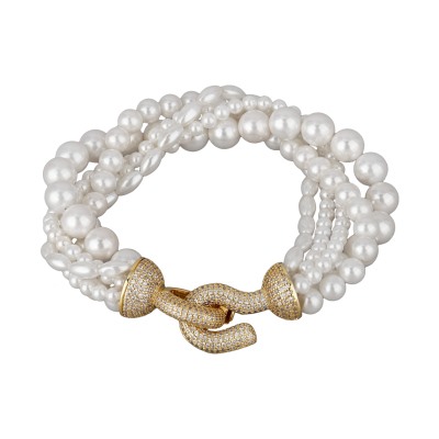 Браслет Течение (Майорка белая 4-6мм, фианиты; покрытие золото) 20см, Есть комплект