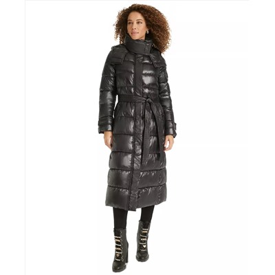 KARL LAGERFELD PARIS Women's Shine Hooded Belted Puffer Coat