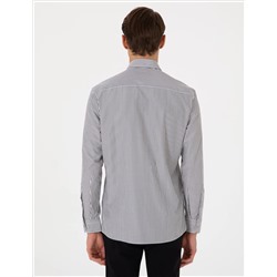 Siyah Slim Fit Çizgili Uzun Kollu Gömlek