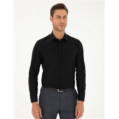 Siyah Slim Fit Armürlü Uzun Kollu Gömlek