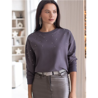 Свитшот из эластичного футера с принтом стразами