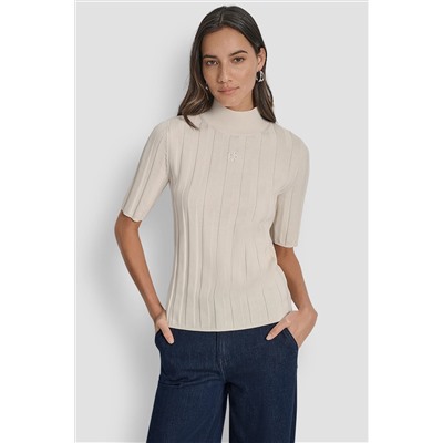 ELBOW SLEEVE WIDE RIB MOCK NECK WITH LOGO PATCH