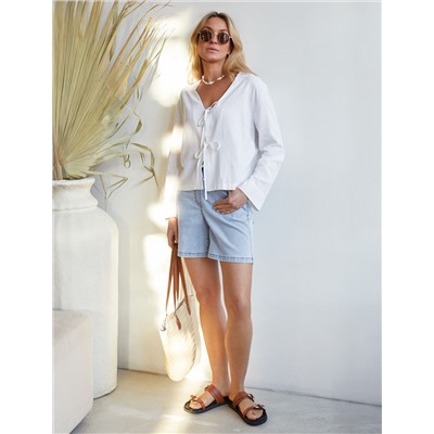 Укороченная свободная блузка с завязками и с V-вырезом изо льна с вискозой