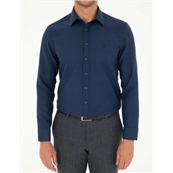 Lacivert Slim Fit Armürlü Uzun Kollu Gömlek