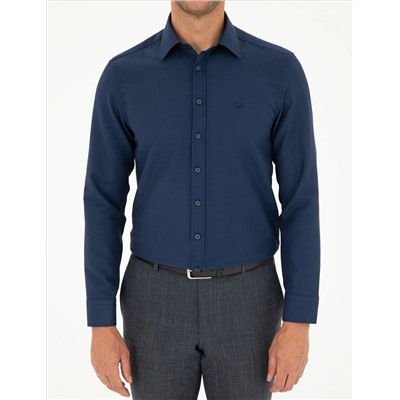 Lacivert Slim Fit Armürlü Uzun Kollu Gömlek