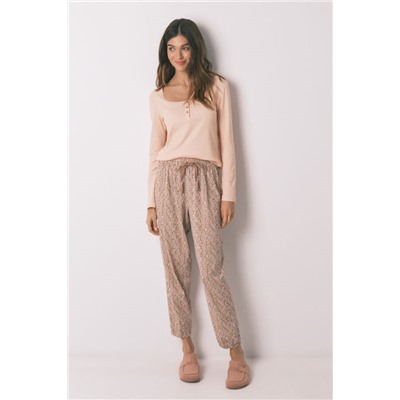 Pijama largo algodón estampado flores rosa