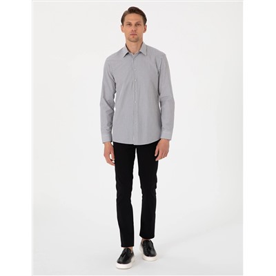 Siyah Slim Fit Çizgili Uzun Kollu Gömlek