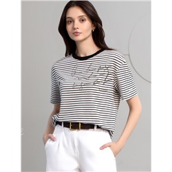 Свободная футболка в черно-белую полоску с принтом из премиального хлопка с эластаном