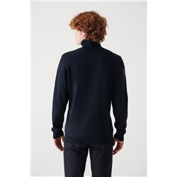 Lacivert Tam Balıkçı Yaka Önü Dokulu Pamuklu Triko Kazak