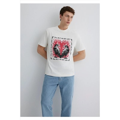 Mavi Baskılı Ekru Tişört Loose Fit / Bol Rahat Kesim 0612808-70057