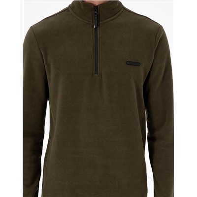 Haki Regular Fit Yarım Fermuarlı Polar Sweatshirt