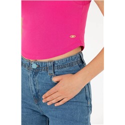 Kadın Fuşya Bisiklet Yaka Crop Basic Tişört