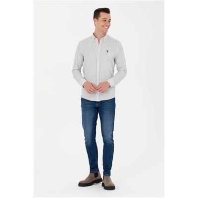 Erkek Ekru Çizgili Beyaz Gömlek