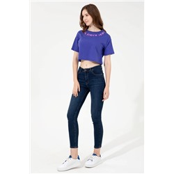 Kadın Mavi Bisiklet Yaka Crop Tişört