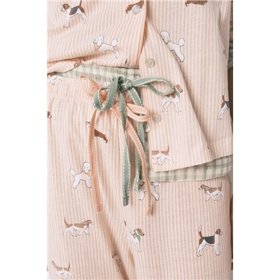 Pijama camisero largo 100% algodón estampado rayas y perritos