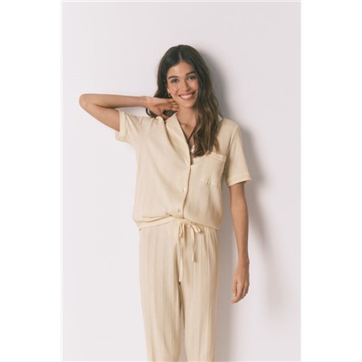 Pijama camisero algodón canalé amarillo