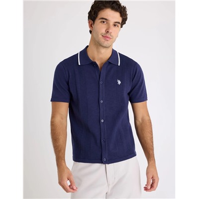 BUTTON FRONT COTTON SLUB POLO SHIRT