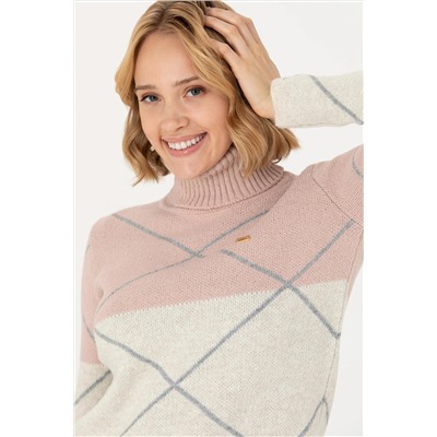 Kadın Pudra Balıkçı Yaka Kazak